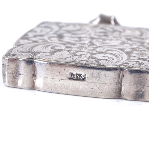 594 - A small square sterling silver perfume bottle, with all over engraved foliate and floral body, and s... 