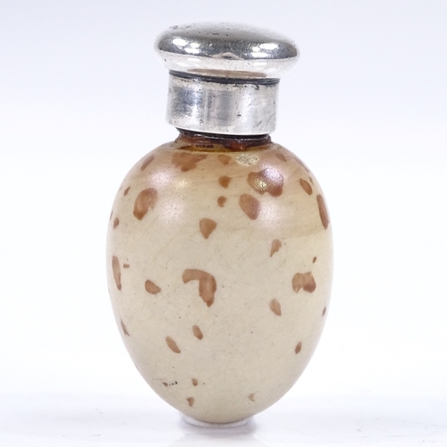 599 - A Victorian novelty silver-mounted painted ceramic egg scent bottle, possibly by Sampson Mordan, hal... 