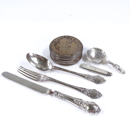 609 - A group of silver and plated items, including Georgian caddy spoon by John Bettridge