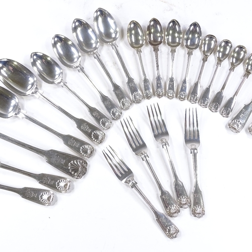 610 - A set of Fiddle Thread and Shell silver cutlery, including basting spoon, dinner forks, serving spoo... 