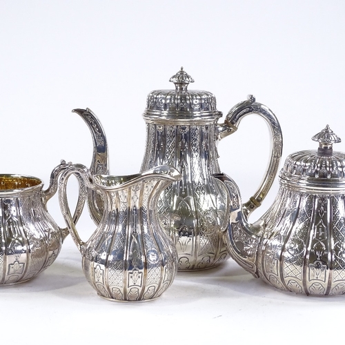 614 - A fine quality Victorian 4-piece silver tea and coffee set, with engraved and relief embossed panel ... 