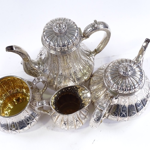 614 - A fine quality Victorian 4-piece silver tea and coffee set, with engraved and relief embossed panel ... 