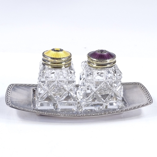 617 - A Norwegian sterling silver and coloured enamel cruet set with fitted base, marked D-A60G, possibly ... 