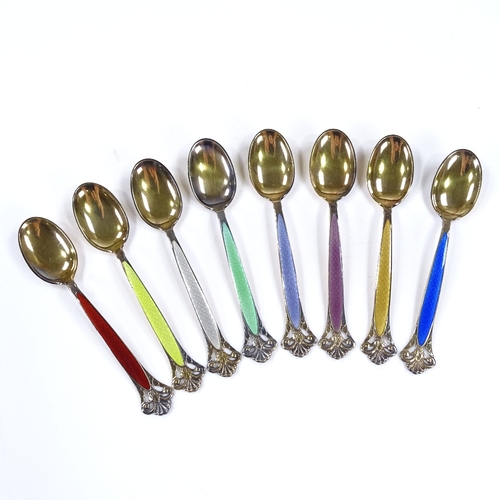 619 - A set of 8 Norwegian sterling silver-gilt and coloured enamel coffee spoons, with pierced terminals,... 