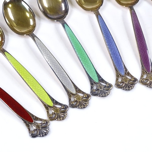 619 - A set of 8 Norwegian sterling silver-gilt and coloured enamel coffee spoons, with pierced terminals,... 