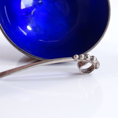 620 - A Danish sterling silver and blue enamel salt by Meka, bowl diameter 5cm, together with a similar bl... 