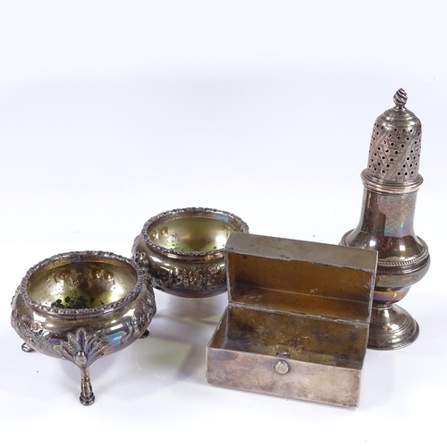 631 - Various silverware, including George III silver sugar caster, pair of table salts, and rectangular t... 