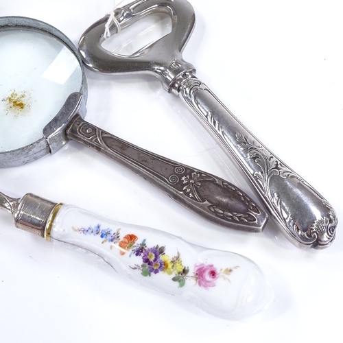 636 - Various silverware, including bottle opener, magnifying glass, and unmarked meat bone handle (4)