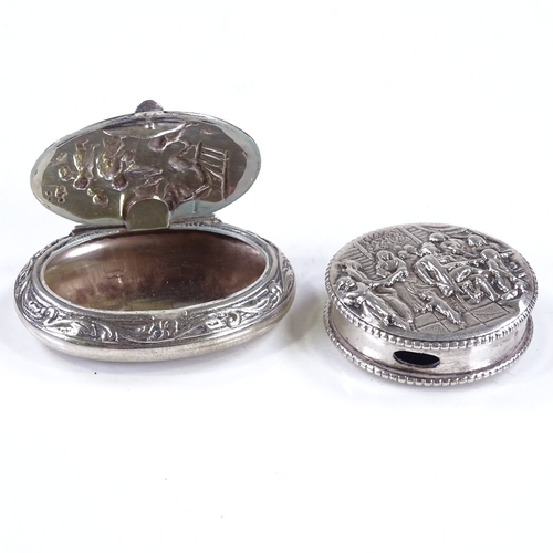 637 - 2 Swedish silver pillboxes, with relief embossed scenes to lids, largest length 5cm (2)