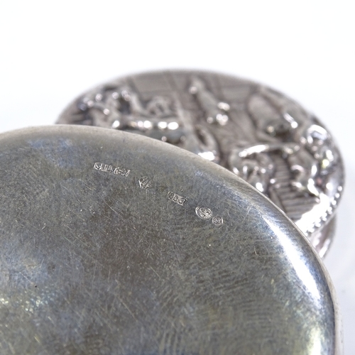 637 - 2 Swedish silver pillboxes, with relief embossed scenes to lids, largest length 5cm (2)