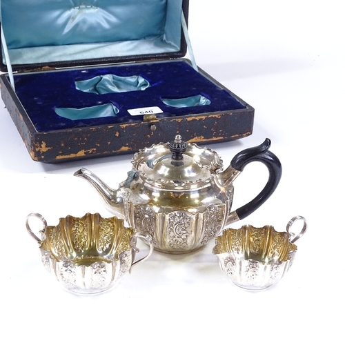 640 - A late Victorian 3-piece silver bachelor's tea set, with relief embossed foliate decoration and gild... 