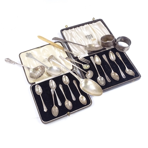 643 - Various silverware, including sifter spoon, trefoil spoon, napkin rings etc