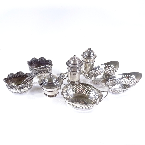 644 - Various silver cruets, including small bonbon basket and mustard pot, 11oz weighable