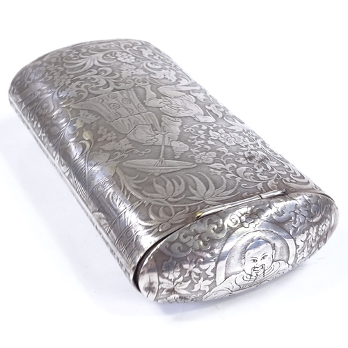 645 - An Antique unmarked silver oval cigar case, with engine turned floral and Oriental designs, length 1... 