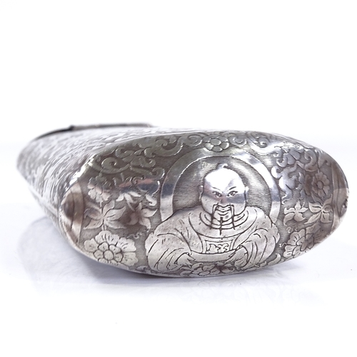 645 - An Antique unmarked silver oval cigar case, with engine turned floral and Oriental designs, length 1... 