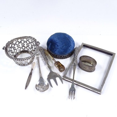 648 - Various silverware, including silver and mother-of-pearl handled scoop, swing-handled basket etc