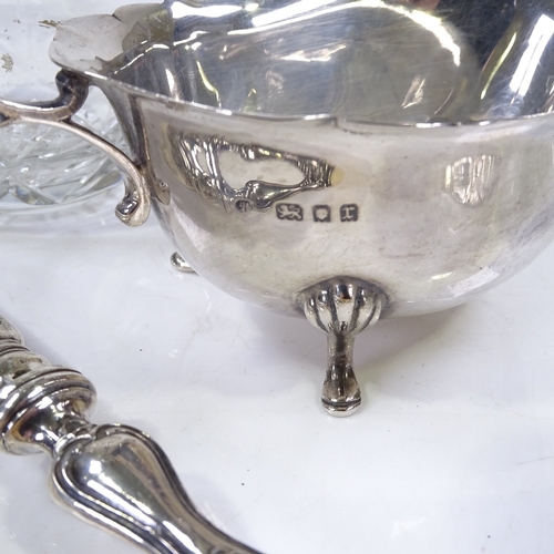 656 - Various silverware, including gravy boat, fox head tot bottle, salad servers etc