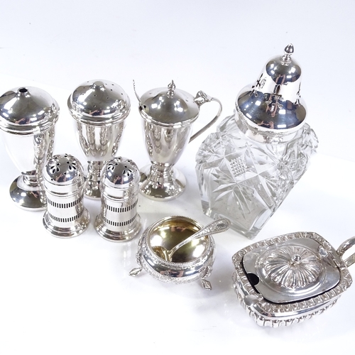 659 - Various silver cruets, including cut-glass caster jar etc