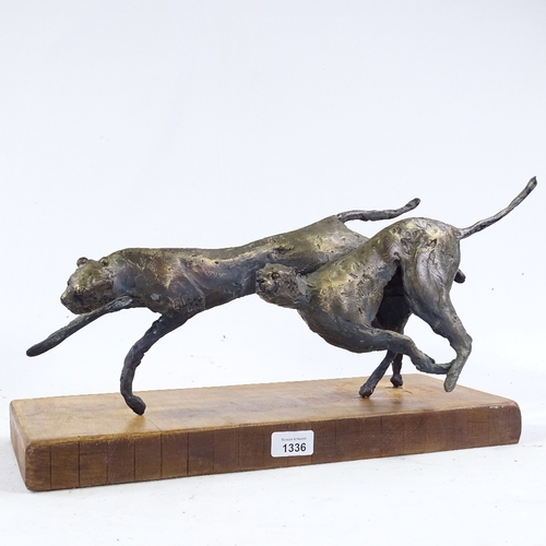 1336 - Clive Fredriksson, mixed media composition sculpture, running cheetahs on wood plinth, length 18