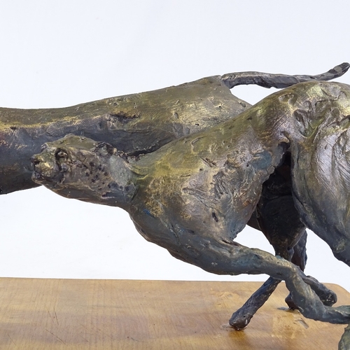 1336 - Clive Fredriksson, mixed media composition sculpture, running cheetahs on wood plinth, length 18