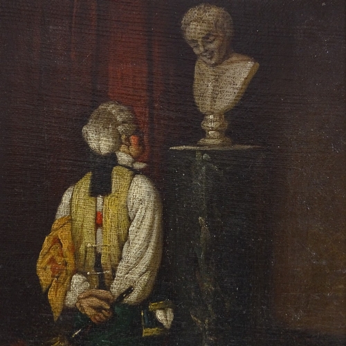 1342 - Early 20th century oil on board, man studying a statue, unsigned, 8