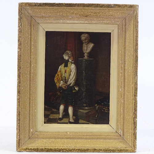 1342 - Early 20th century oil on board, man studying a statue, unsigned, 8