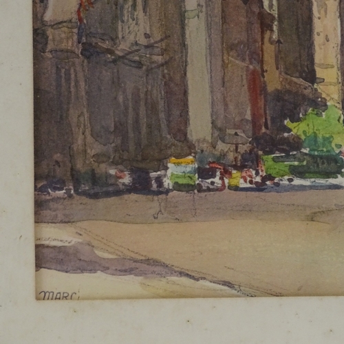 1346 - Watercolour, city street scene, signed Marc, 15.5