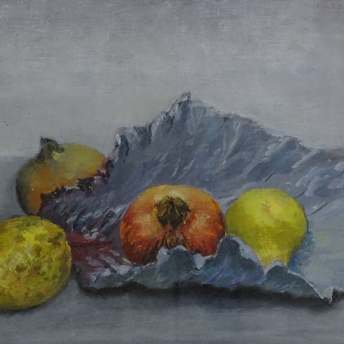 1347 - W B Henderson, oil on board, still life pears and pomegranates, 12