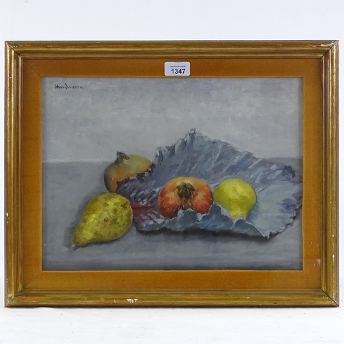 1347 - W B Henderson, oil on board, still life pears and pomegranates, 12