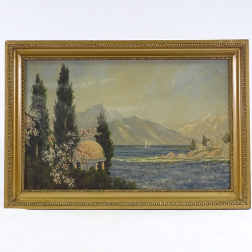 1348 - Early 20th century oil on canvas, Italian lake scene, unsigned, 14