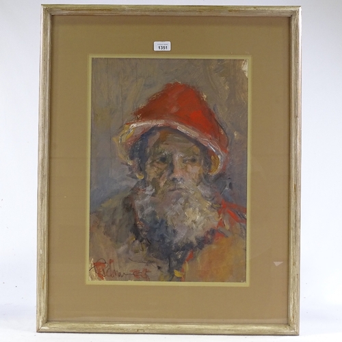 1351 - Mid-20th century watercolour gouache, portrait of a man, indistinctly signed 20