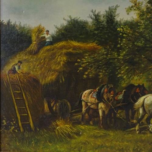 1354 - Mid-20th century oil on canvas, haymaking scene, unsigned, 23