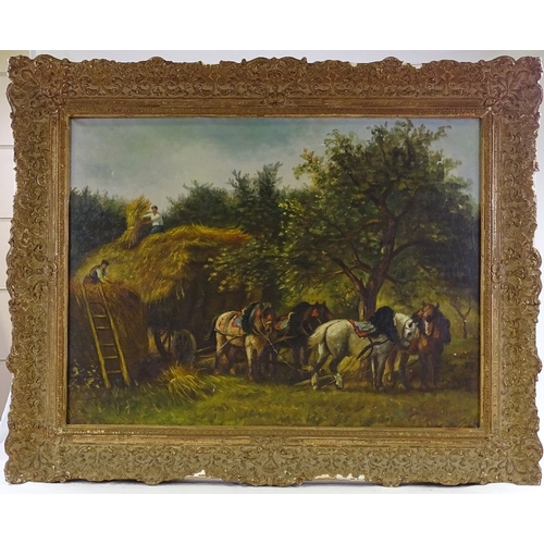 1354 - Mid-20th century oil on canvas, haymaking scene, unsigned, 23