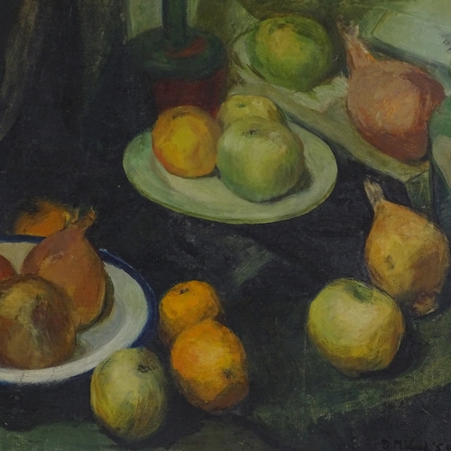 1363 - D M Wood, oil on canvas board, still life fruit and veg, 1958, 20