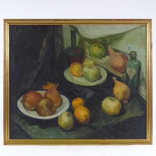 1363 - D M Wood, oil on canvas board, still life fruit and veg, 1958, 20