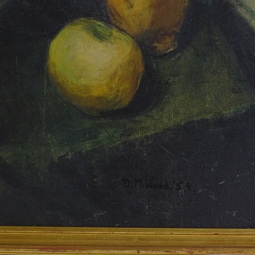 1363 - D M Wood, oil on canvas board, still life fruit and veg, 1958, 20