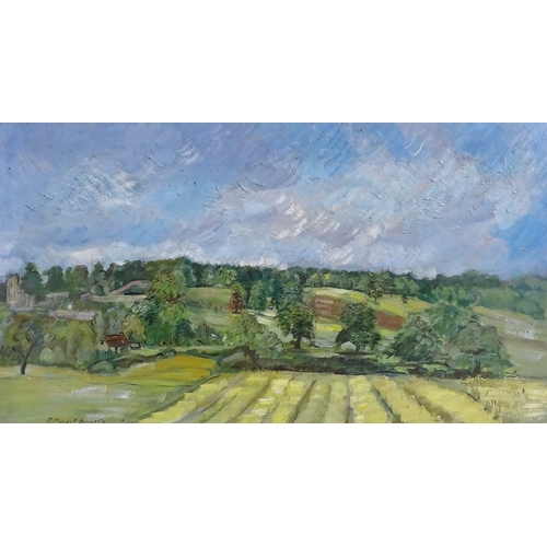 1372 - P Pleydell-Bouverie, oil on board landscape, 1988, 14