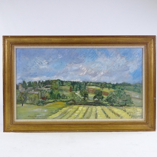 1372 - P Pleydell-Bouverie, oil on board landscape, 1988, 14