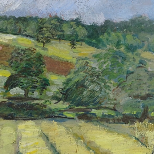 1372 - P Pleydell-Bouverie, oil on board landscape, 1988, 14