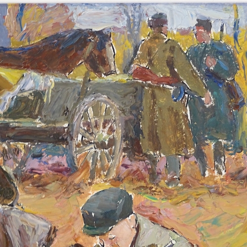 1088 - Sergei Khokhalev (Russian 1916 - 1990?), oil on board, military encampment, 14.5