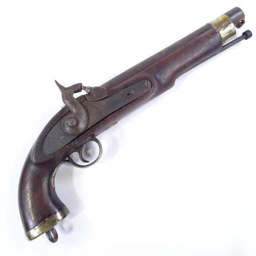 102 - Late 18th/early 19th century brass-mounted percussion pistol (converted from flintlock), with ring o... 