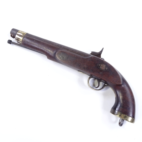 102 - Late 18th/early 19th century brass-mounted percussion pistol (converted from flintlock), with ring o... 