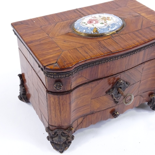 103 - A miniature 18th/19th century kingwood casket, with painted enamel floral plaque (A/F), and bronze m... 