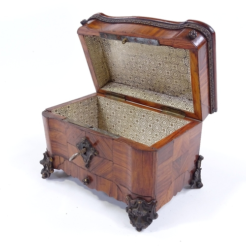 103 - A miniature 18th/19th century kingwood casket, with painted enamel floral plaque (A/F), and bronze m... 