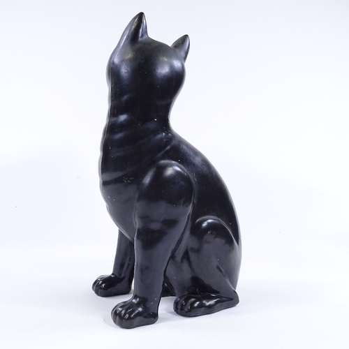 105 - A Galle style black glaze pottery cat with green glass eyes, height 33cm