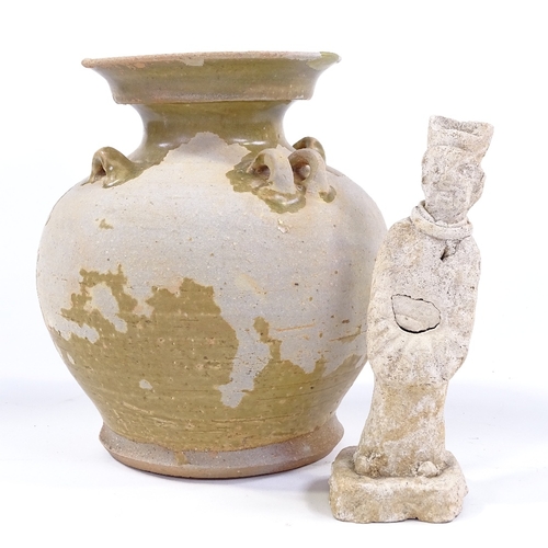 115 - A Chinese Tang style pottery jar, height 20cm, and a pottery standing figure (2)