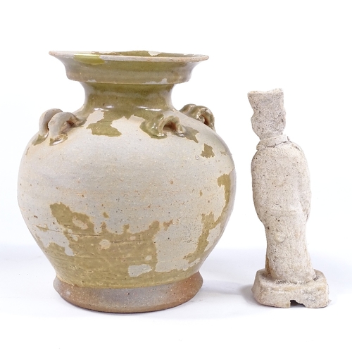 115 - A Chinese Tang style pottery jar, height 20cm, and a pottery standing figure (2)