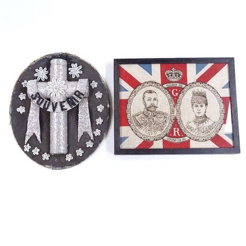 126 - A glass bead mounted souvenir panel, height 32cm, and a 1911 Coronation commemorative flag in frame ... 