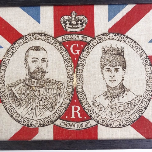 126 - A glass bead mounted souvenir panel, height 32cm, and a 1911 Coronation commemorative flag in frame ... 