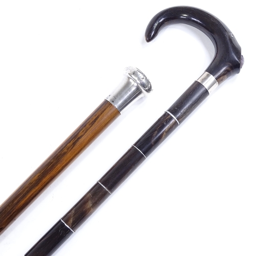 130 - A sectional horn walking stick, and a silver-topped snakewood walking cane